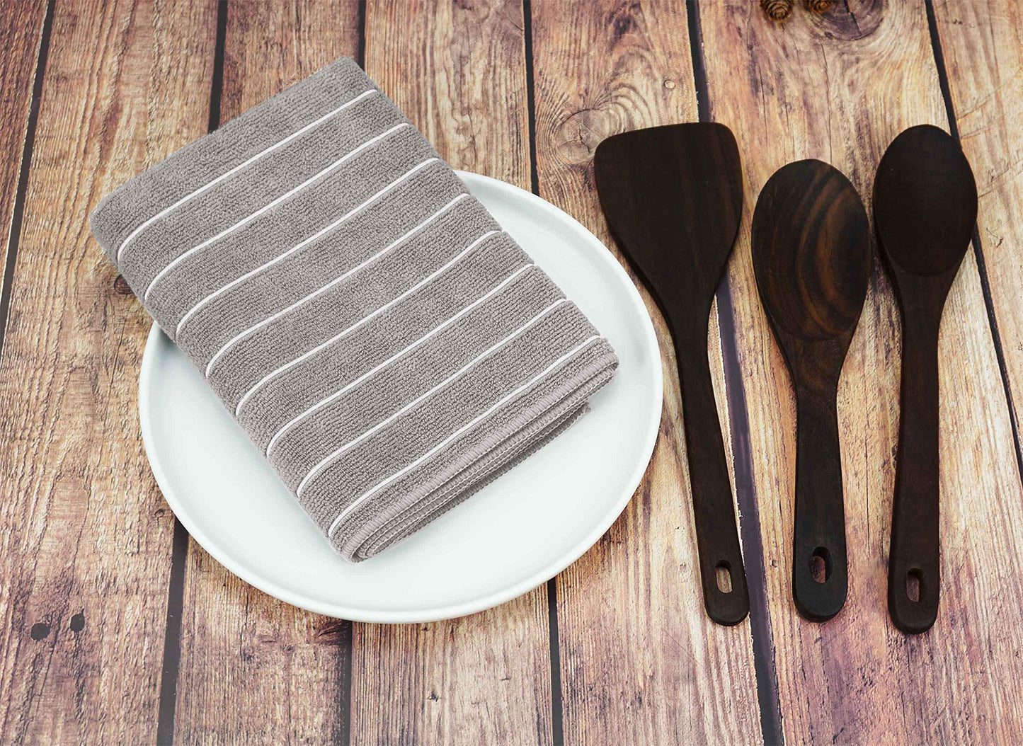 gryeer Microfibre Tea Towels - Pack of 8 (Stripe Designed Grey and White Colours) - Soft, Super Absorbent and Lint Free Kitchen Towels, 45 x 65 cm