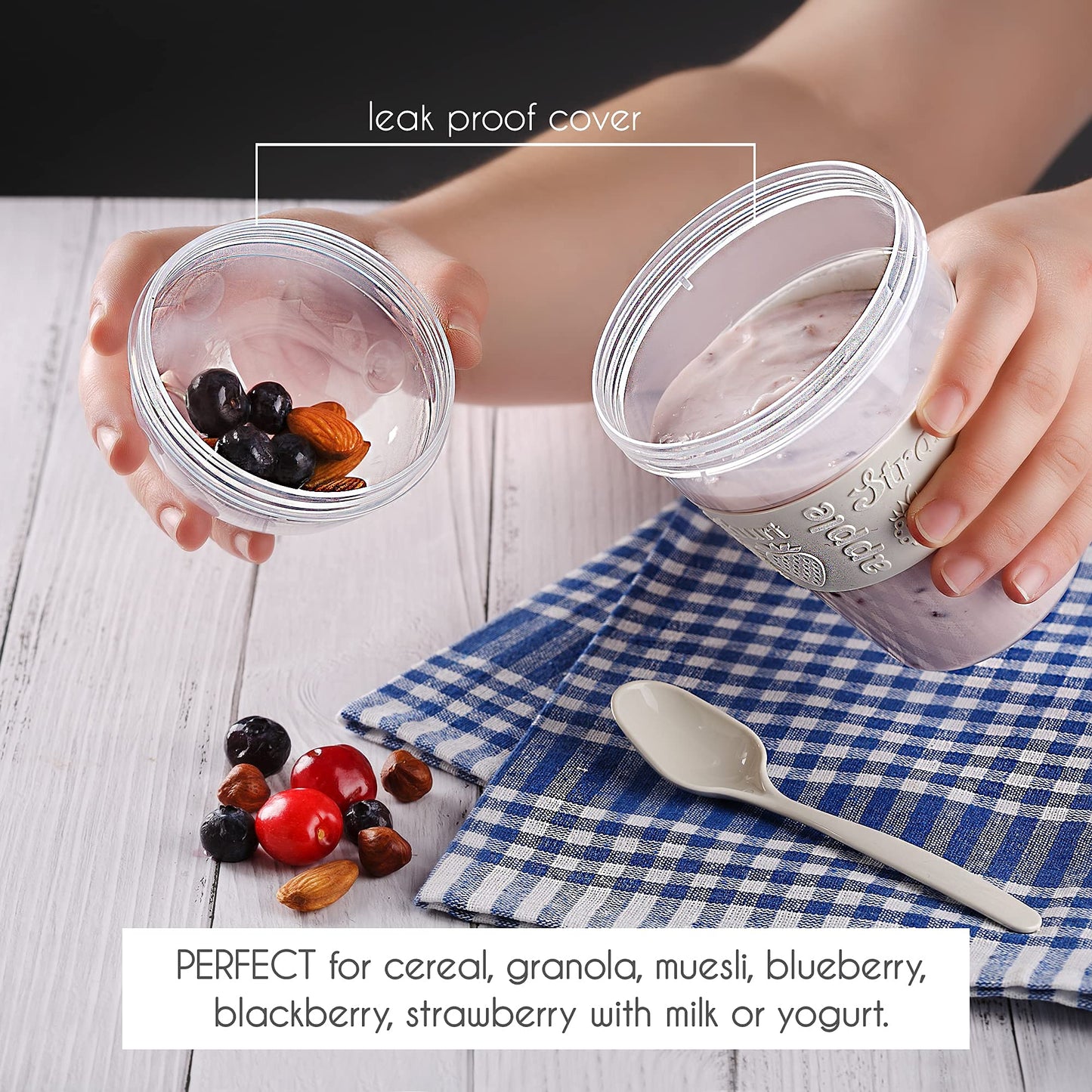 CRYSTALIA Reusable Oats Container with Lids 4PCs BPA Free Breakfast Pots to Go Dishwasher Safe Yoghurt Pots Cereal On The Go Overnight Oats Jars Oatmeal Container Yogurt Pot Set of 4 (Red, Cream, Green, Yellow )