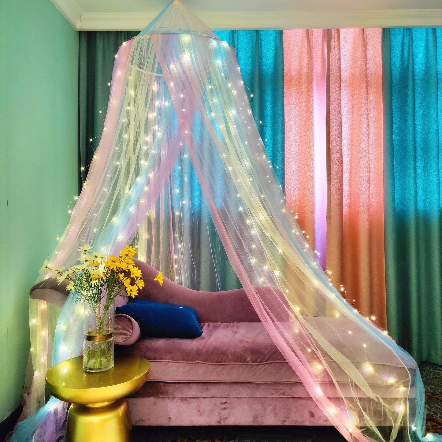 Eimilaly Princess Rainbow Bed Canopy with 250pcs Warm White Curtain Lights, Bed Canopy for Girls Room Decor or Unicorn Theme Party Large (Pack of 1) Rainbow Bed Canopy With Light