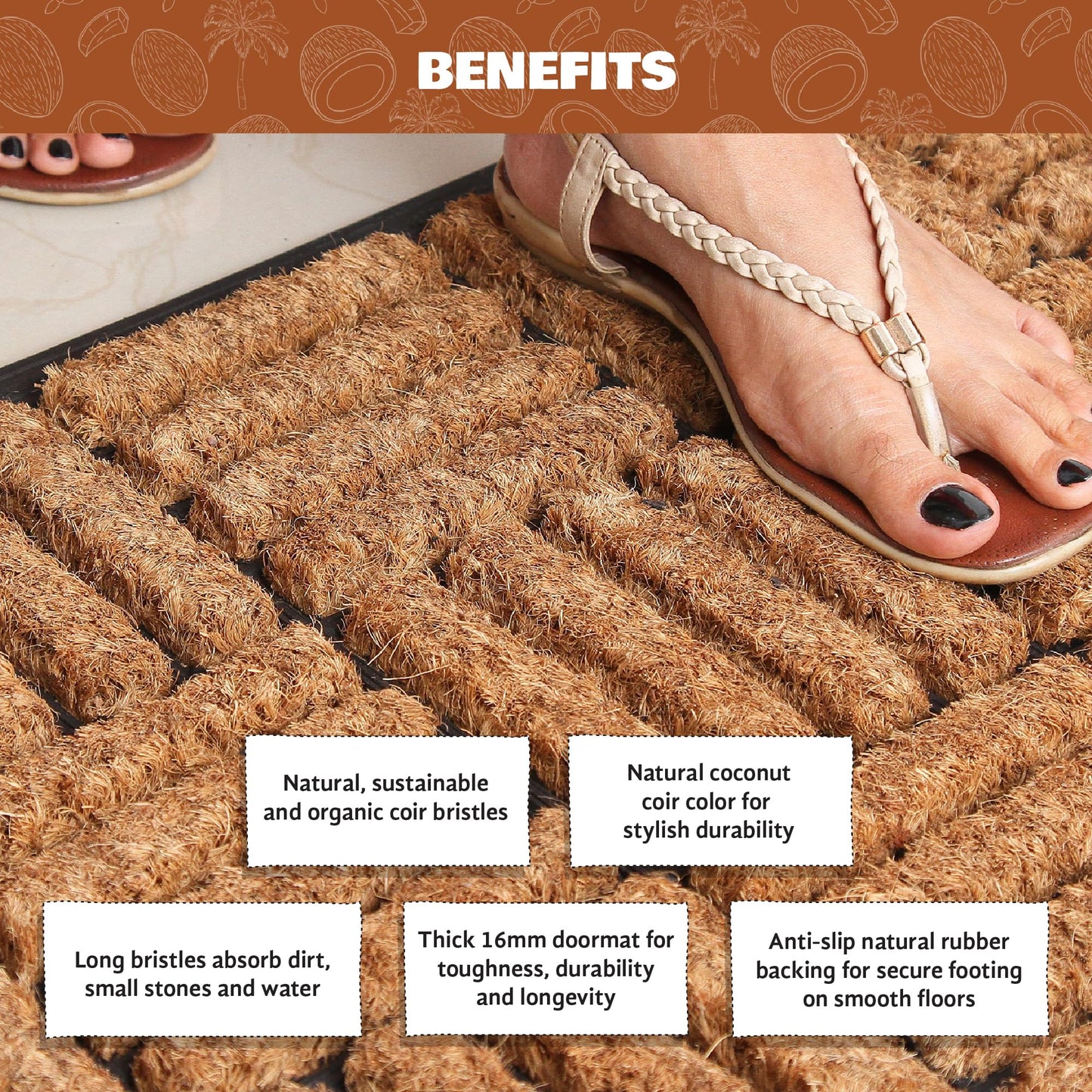 Coco & Coir Door Mat Indoor/Outdoor | 100% Natural Coir Weather Resistant Eco-friendly Entrance Mat (Shortbread)