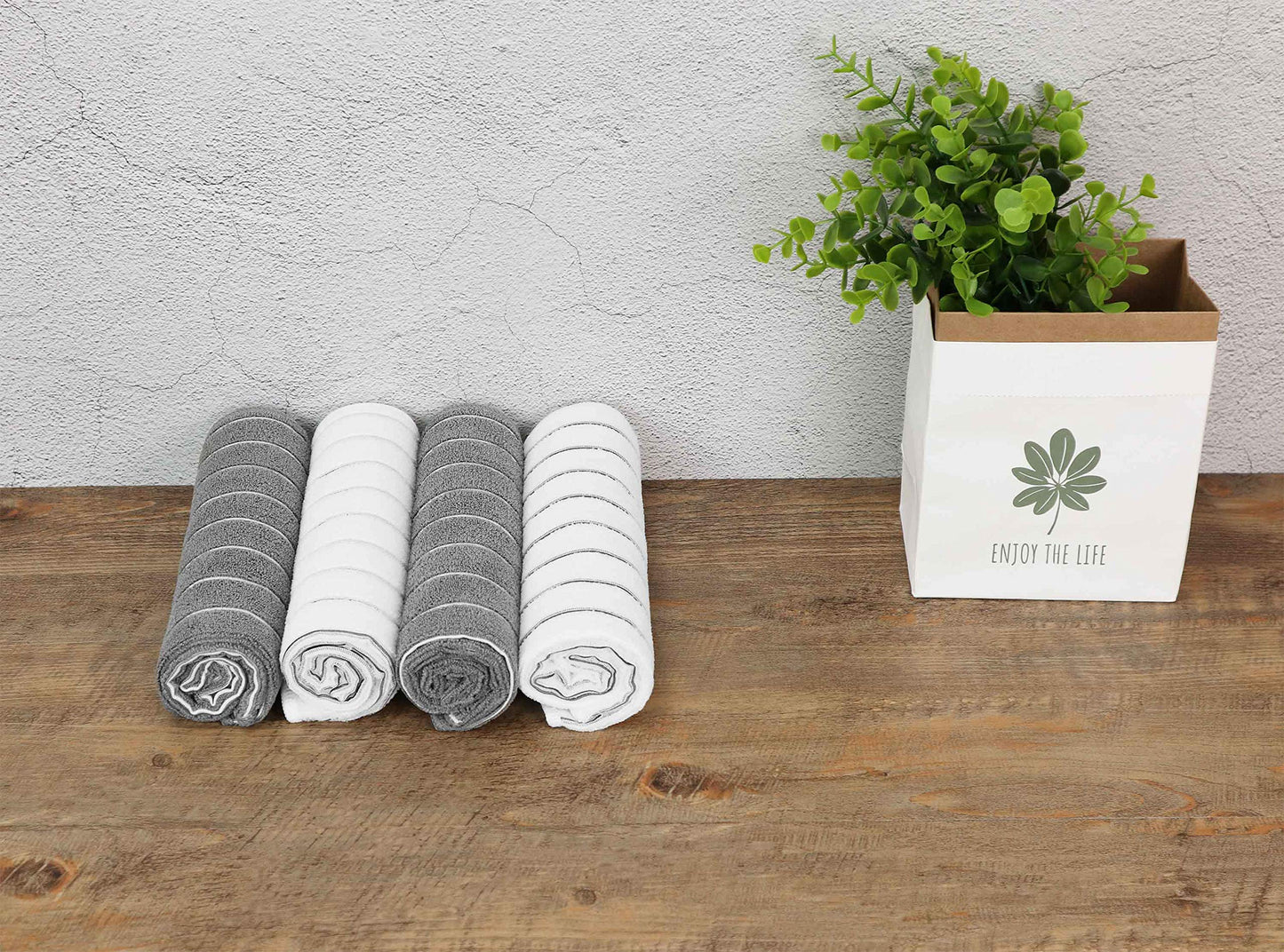 gryeer Microfibre Tea Towels - Pack of 8 (Stripe Designed Grey and White Colours) - Soft, Super Absorbent and Lint Free Kitchen Towels, 45 x 65 cm