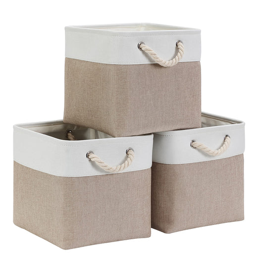 Mangata Fabric Storage Basket, Canvas Cube Storage Boxes 25x25x25cm for Cupboards, Shelves, Closet, Khaki Cream（10 x 10 inch, 3 Pack） Light Khaki White 25x25x25cm/3 Pack