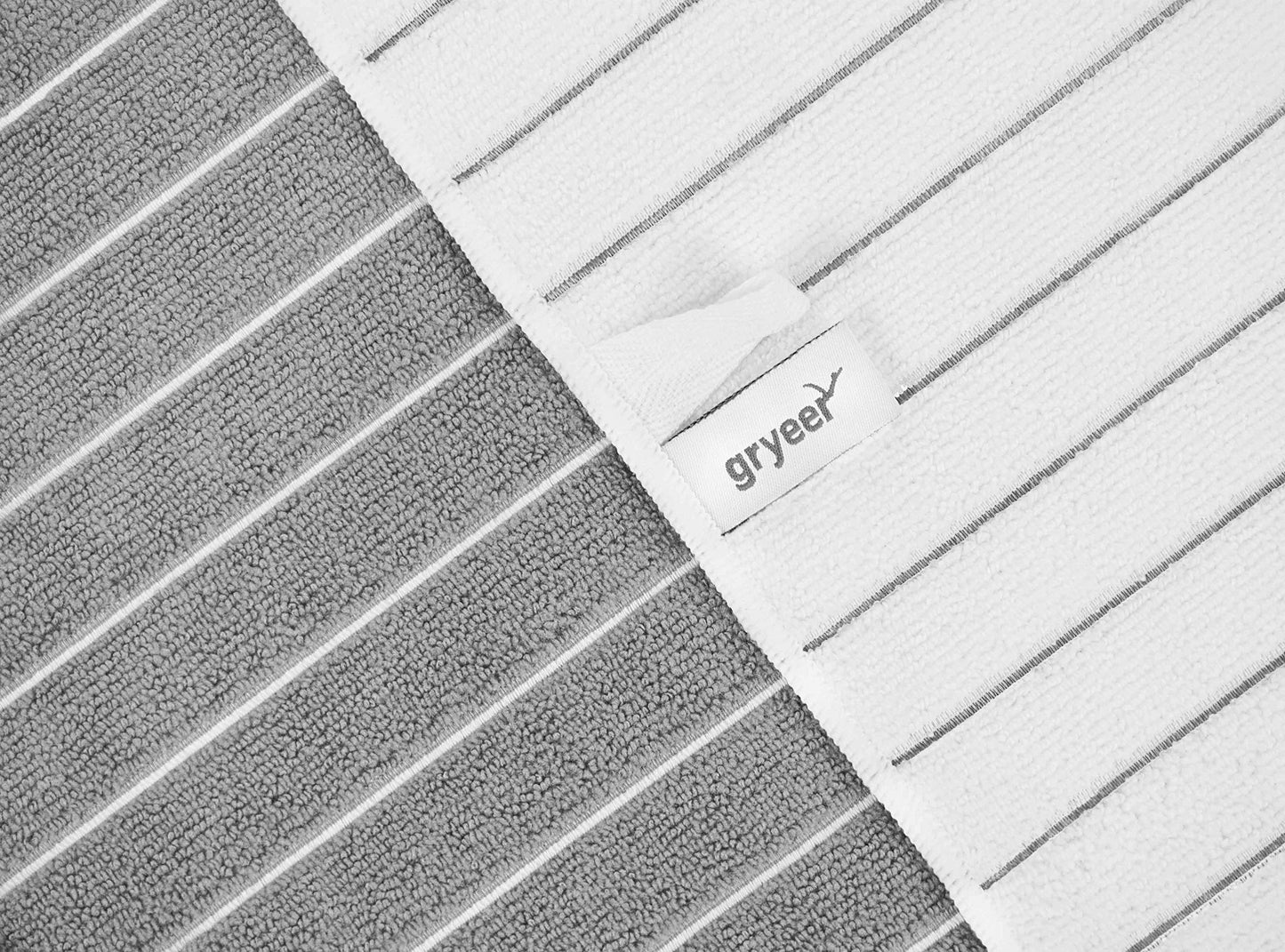 gryeer Microfibre Tea Towels - Pack of 8 (Stripe Designed Grey and White Colours) - Soft, Super Absorbent and Lint Free Kitchen Towels, 45 x 65 cm