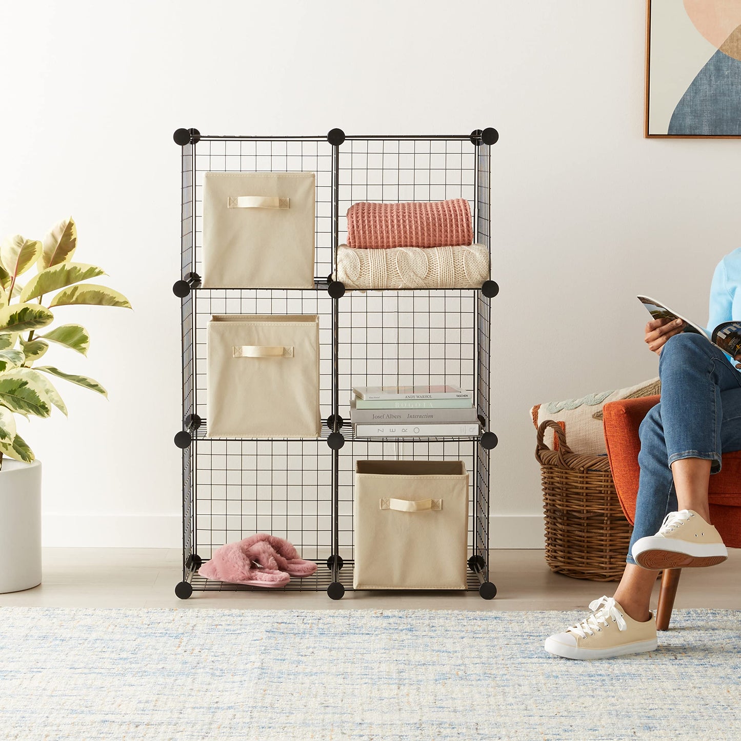 Amazon Basics 6 shelves Cube Interlocking 1 Storage Unit With Metal Wire Mesh, 60 Pounds / 27kg Shelf Maximum Weight Capacity, Black, 37 cm D x 77 cm W x 114 cm H Six Cube