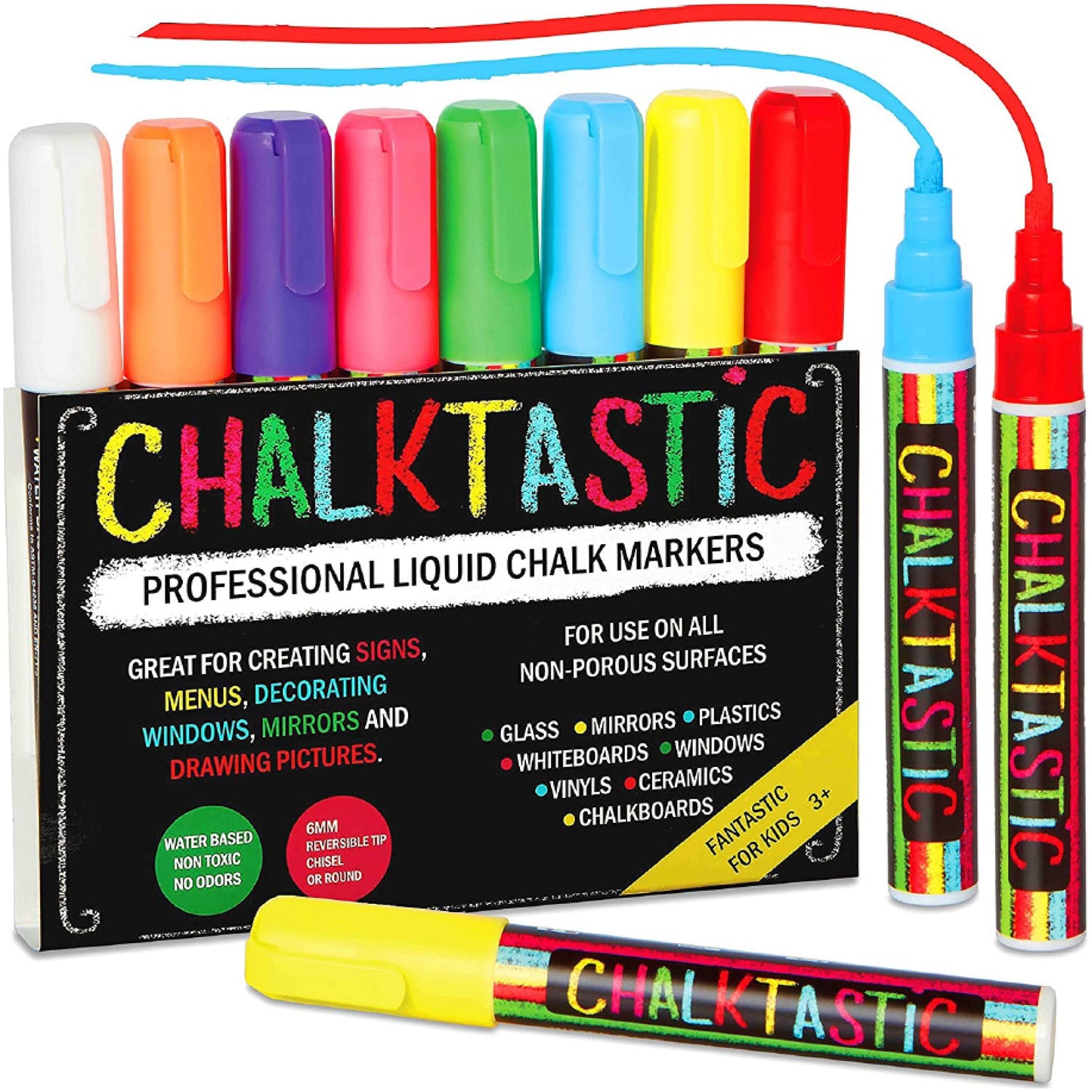 Colorful Art Co. Chalktastic Liquid Chalk Pens - Set of 8 Neon, Washable Chalkboard Pens for School Blackboard, Menu Board, Mirror, Ceramics & Car Window Glass