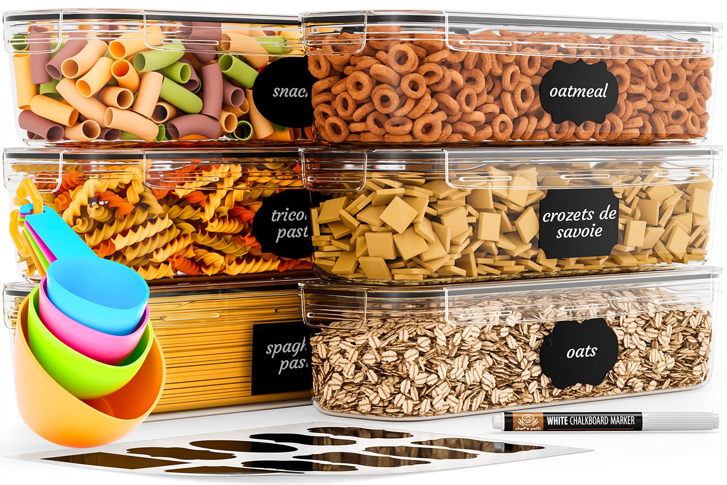 Chef's Path Airtight Food Storage Container Set - Ideal for Pasta, Spaghetti & Noodles - All Same Size - Kitchen Pantry Organization and Storage - Plastic Canisters with Durable Lids (6) Pack of 6 - 2.3 L