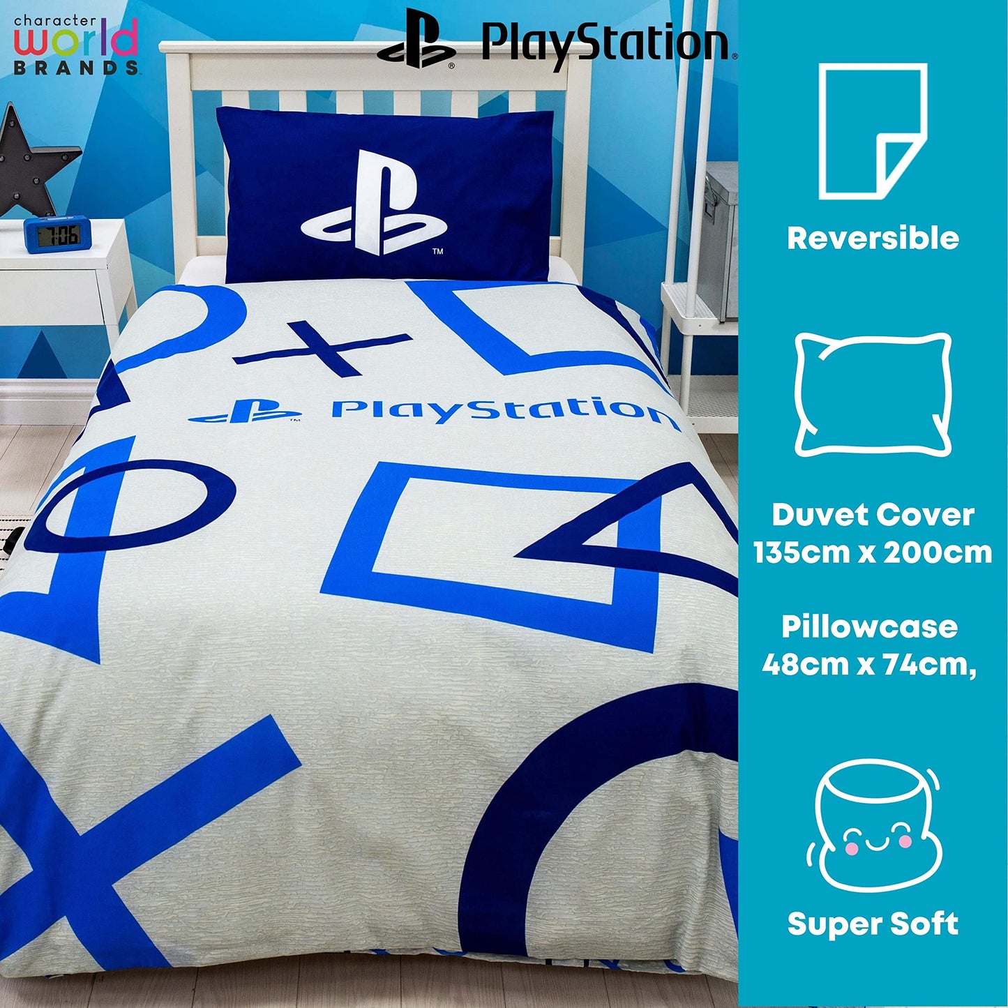 Character World Playstation Blue Single Duvet Cover Officially Licensed Sony Playstation Reversible Two Sided Gaming Bedding Design with Matching Pillowcase, Polycotton, Blue, PYSBLEDS001UK1