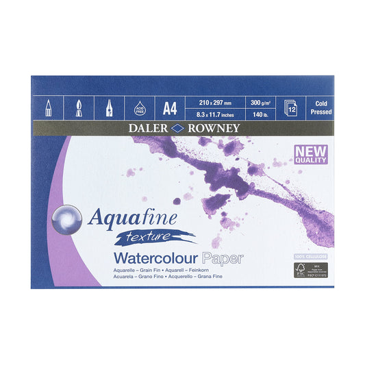 Daler-Rowney Aquafine Texture, Watercolour Paper, Cold Pressed, 300 gsm, 140lb, Pad, Glued 1 Side, A4 - approx. 8.3 x 11.7in - 21 x 29.7 cm, Natural White, 12 Sheets TEXTURE PAD A4 (12SH) Single