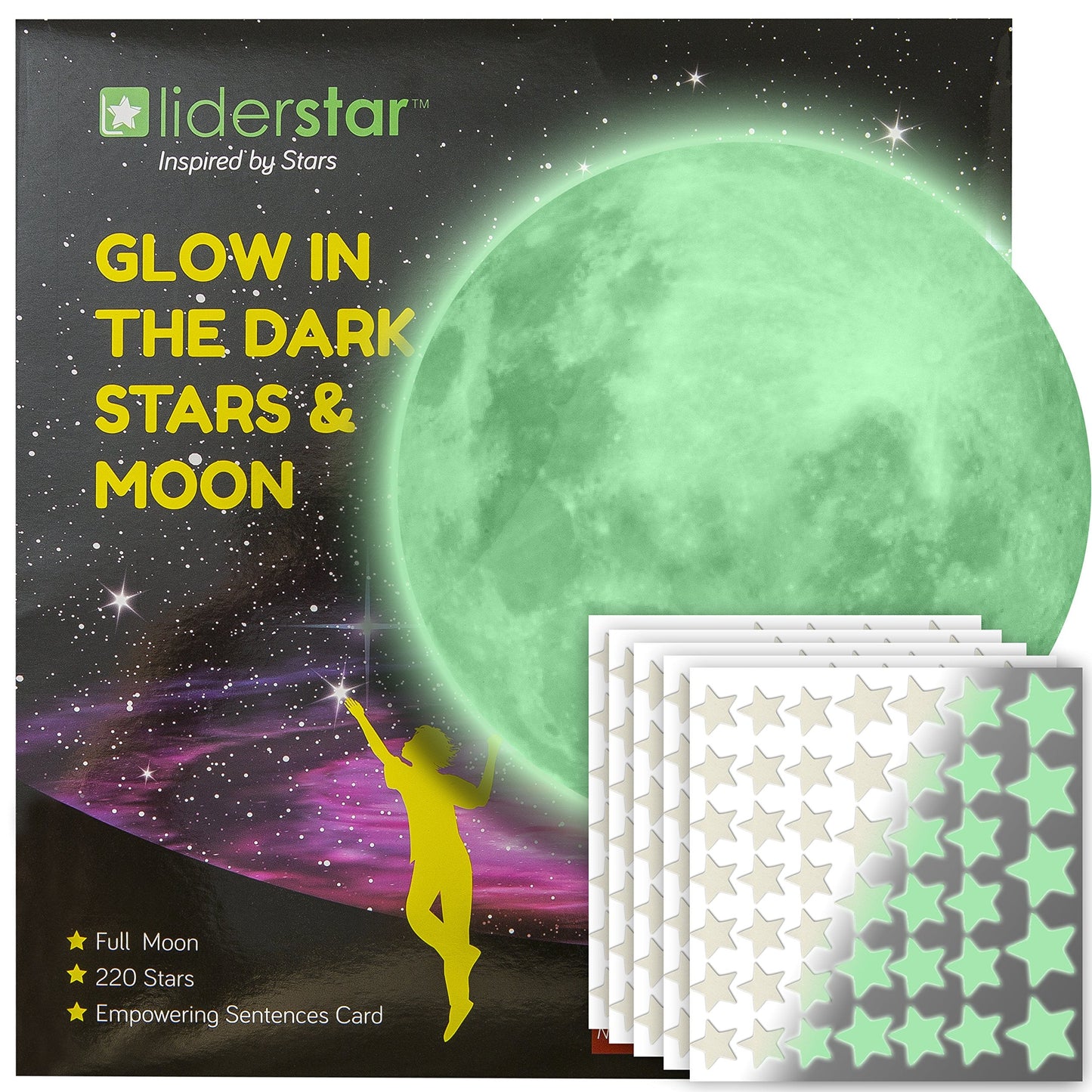 LIDERSTAR Glow in The Dark Stars and Moon for Ceiling, Luminous Stars and Moon Wall Decal, for Child's Rooms Wall Decor,Sticky Fluorescence Stars,Gift for boy and Girl Include Affirmation Card Green