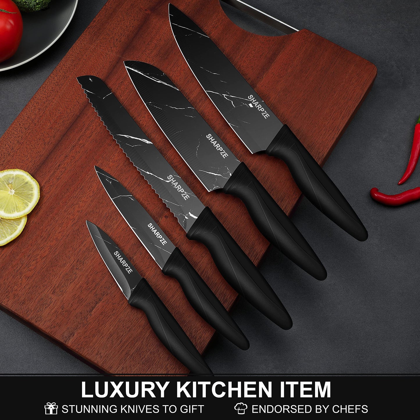 Kitchen Knife Set of 5 | Ultra Sharp Stainless Steel Blade I Kitchen Knives with Ergonomic Handle & Sheaths Include Peeling, Utility, Santuko, Bread, Chef Knife & eBook