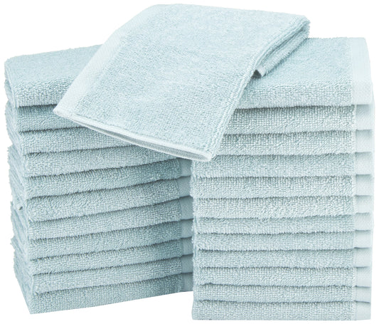 Amazon Basics Cotton Washcloths, 24-Pack, Ice Blue, 30 cm x 30 cm Pack of 24