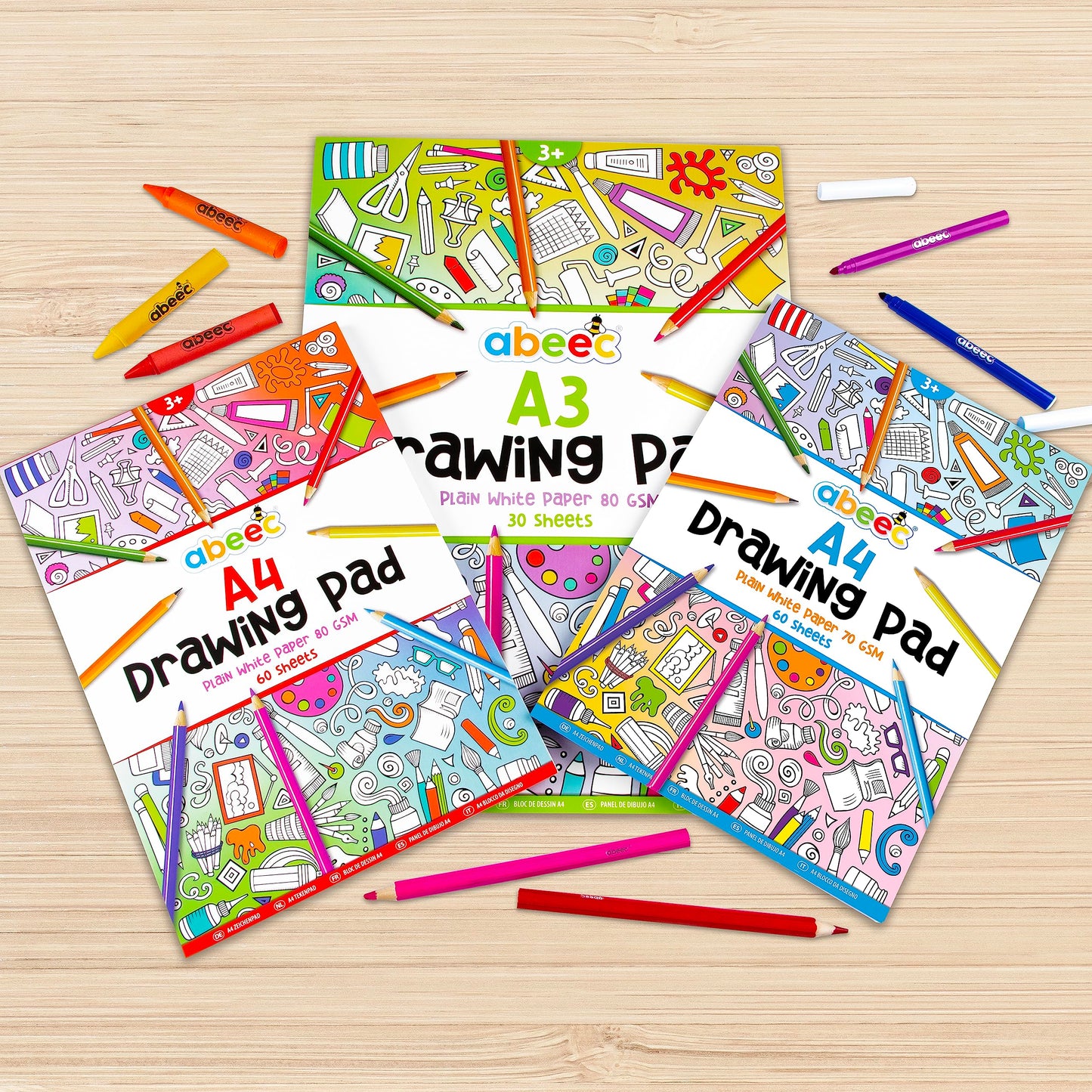 abeec 3 Drawing Pads for Children - (3 Pack) Includes 2 x A4 Plain Sketch Pads and 1 x A3 Plain Sketch Book - 150 Sheets in Total of Drawing Paper Perfect for Arts and Craft Activities