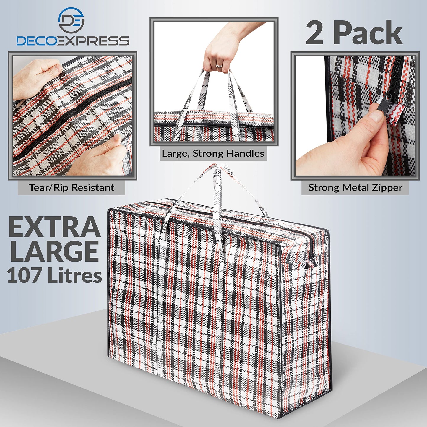 DECO EXPRESS Laundry Bags Large - Strong Durable Storage Bags for Moving House Shopping and Laundry - Jumbo Reusable Zip Bag Storage Bags XXL Multipack (Pack of 2) Pack of 2