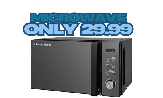 20L 800W Black Digital Solo Microwave – 5 power levels, auto defrost, 8 preset menus, clock & timer, easy-clean design.