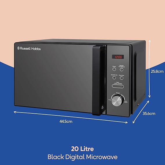 20L 800W Black Digital Solo Microwave – 5 power levels, auto defrost, 8 preset menus, clock & timer, easy-clean design.