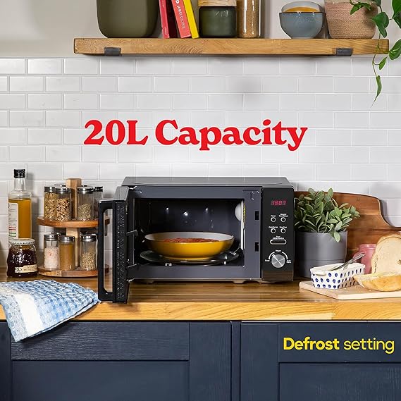 20L 800W Black Digital Solo Microwave – 5 power levels, auto defrost, 8 preset menus, clock & timer, easy-clean design.