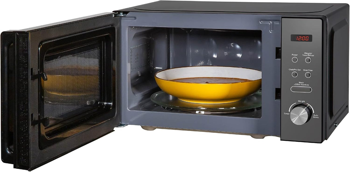 20L 800W Black Digital Solo Microwave – 5 power levels, auto defrost, 8 preset menus, clock & timer, easy-clean design.